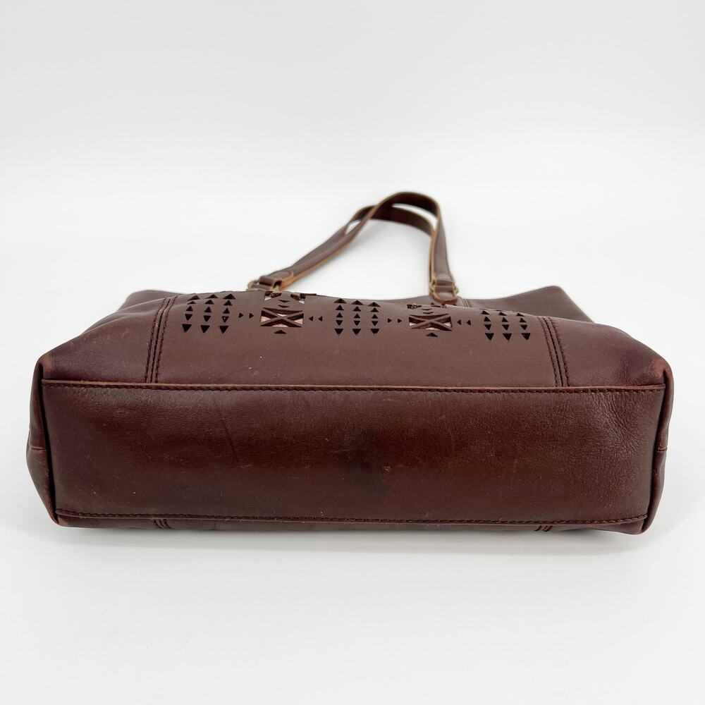 Pendleton Open Top Tote Bag Chocolate Brown Leather Laser Cut Wool Blanket Panel - Picture 5 of 13